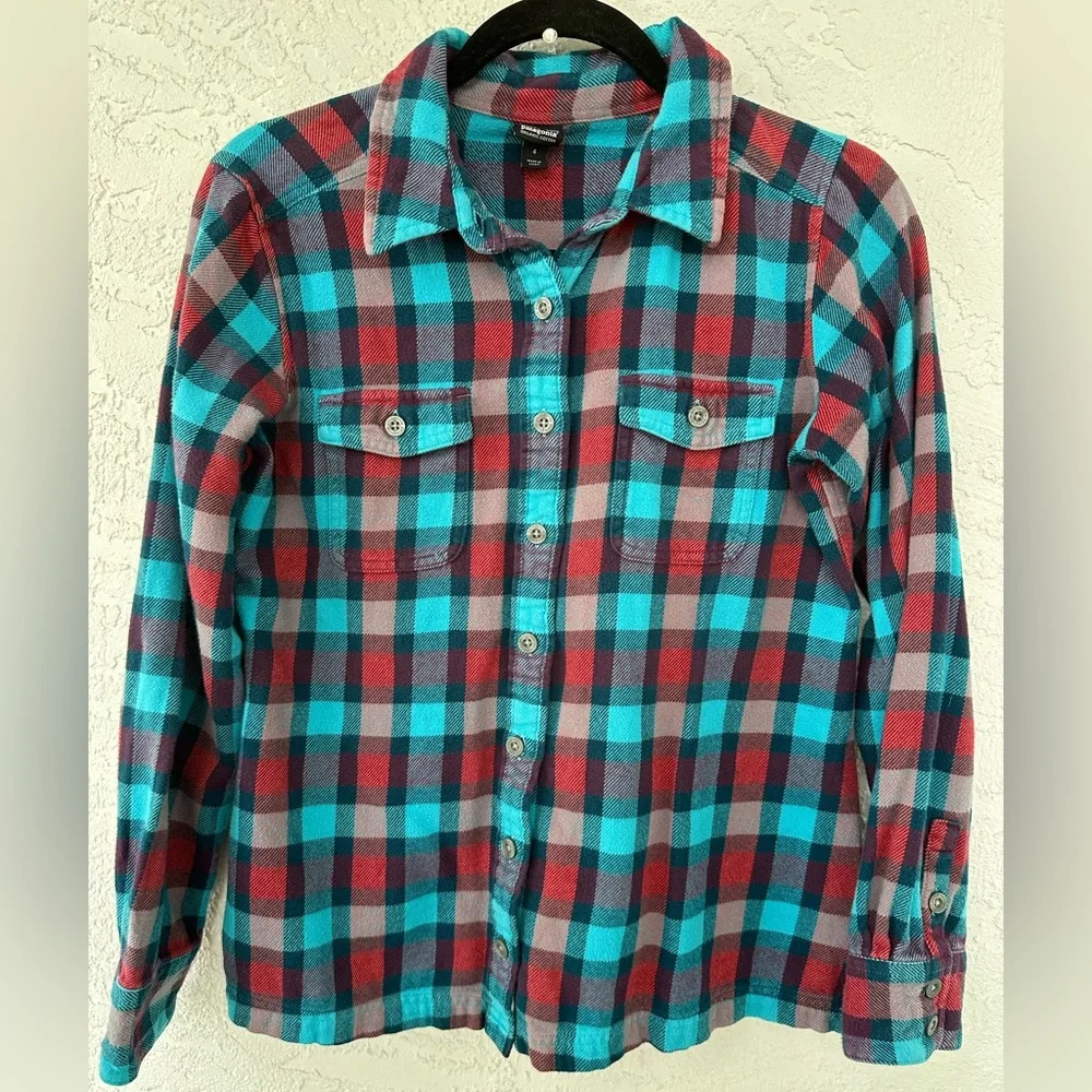 Patagonia Button Down Flannel Plaid Top Organic Cotton Size 4 Blue Red - Picture 1 of 6